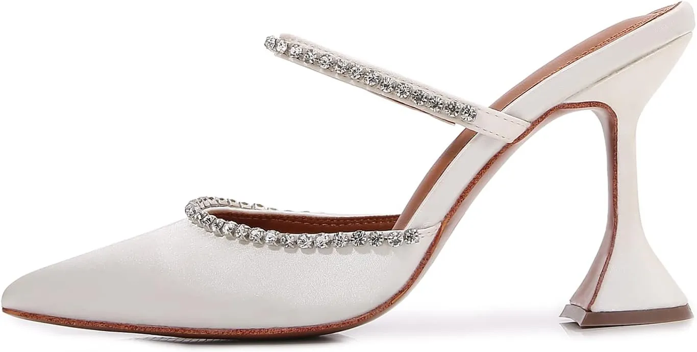 Vertundy Women's Mule Heels Rhinestones Strappy Stiletto Slide Pumps Slip On Sexy High Heels Sandals Closed Pointed Toe Backless Dressy Wedding Party Summer Shoes
