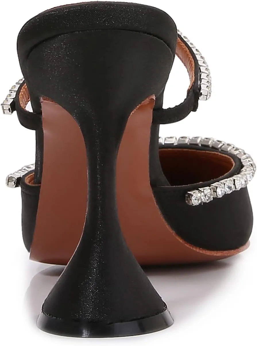 Vertundy Women's Mule Heels Rhinestones Strappy Stiletto Slide Pumps Slip On Sexy High Heels Sandals Closed Pointed Toe Backless Dressy Wedding Party Summer Shoes