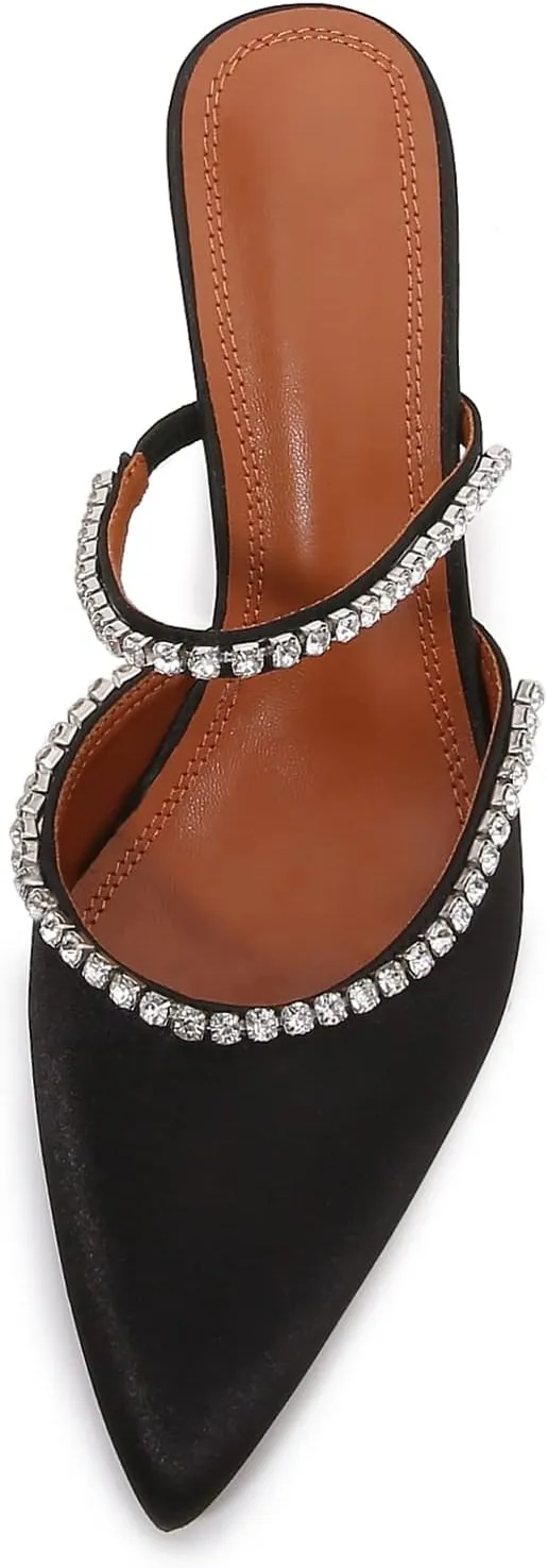 Vertundy Women's Mule Heels Rhinestones Strappy Stiletto Slide Pumps Slip On Sexy High Heels Sandals Closed Pointed Toe Backless Dressy Wedding Party Summer Shoes