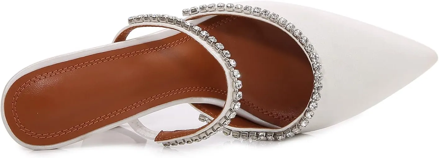 Vertundy Women's Mule Heels Rhinestones Strappy Stiletto Slide Pumps Slip On Sexy High Heels Sandals Closed Pointed Toe Backless Dressy Wedding Party Summer Shoes
