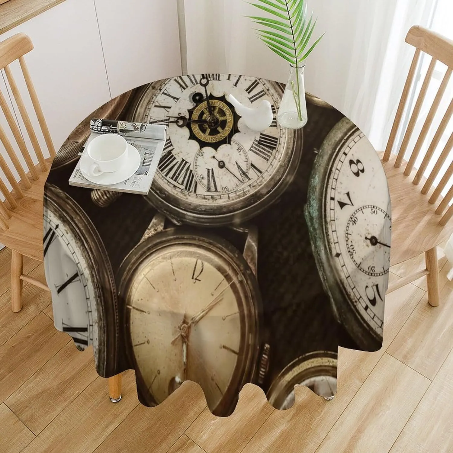 Vintage Pocket Watch Old Clock Tablecloths Round 70Inch for Round Tables,Rustic Old Steampunk Clock Print Tablecloths for Kitchen Dining Room Round Table Cloth