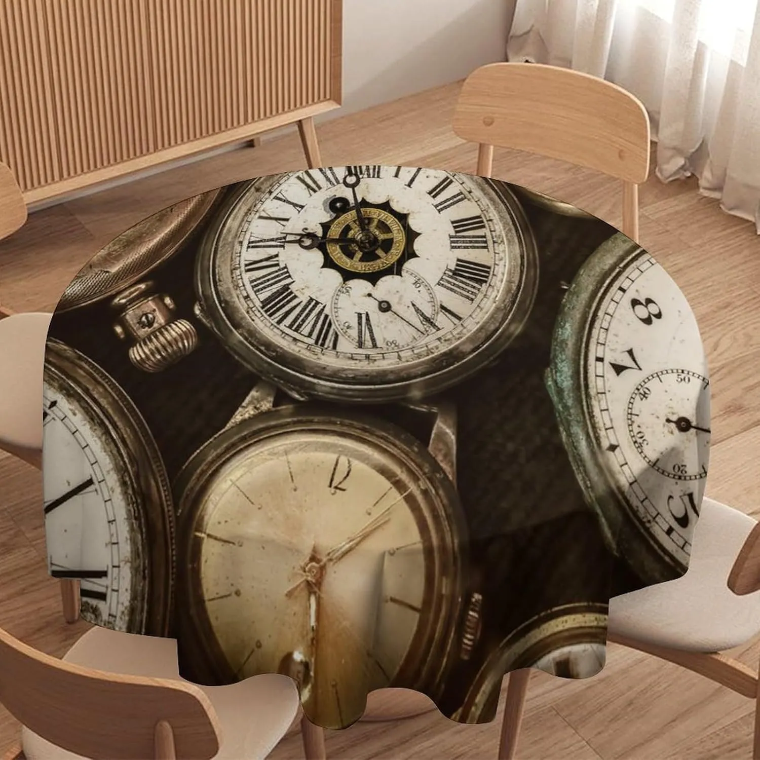Vintage Pocket Watch Old Clock Tablecloths Round 70Inch for Round Tables,Rustic Old Steampunk Clock Print Tablecloths for Kitchen Dining Room Round Table Cloth