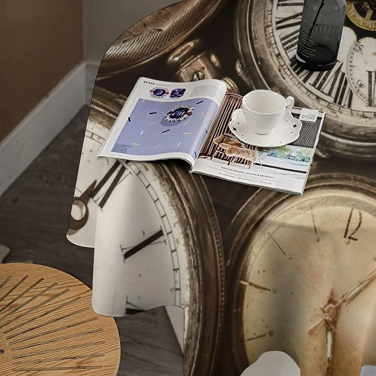Vintage Pocket Watch Old Clock Tablecloths Round 70Inch for Round Tables,Rustic Old Steampunk Clock Print Tablecloths for Kitchen Dining Room Round Table Cloth