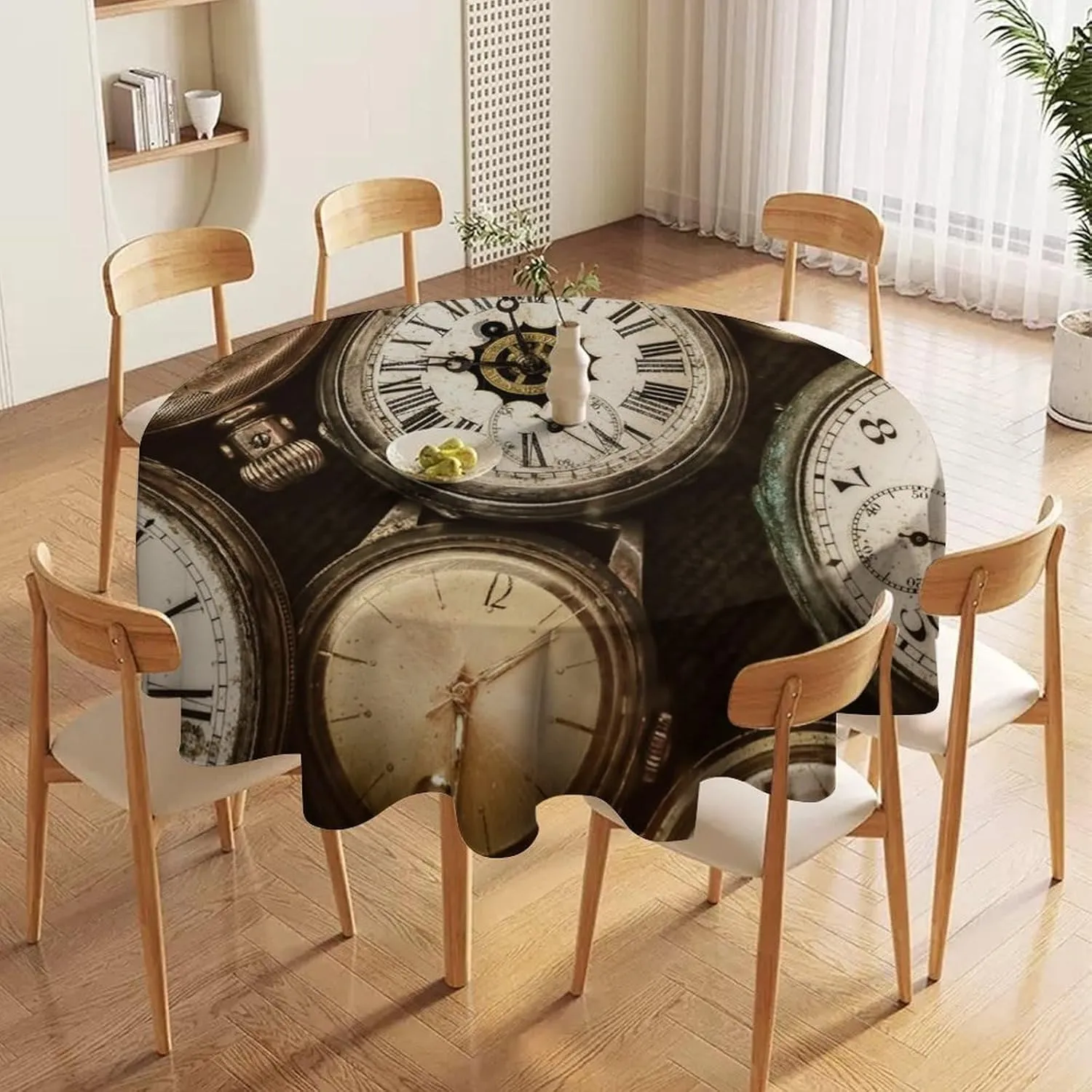 Vintage Pocket Watch Old Clock Tablecloths Round 70Inch for Round Tables,Rustic Old Steampunk Clock Print Tablecloths for Kitchen Dining Room Round Table Cloth