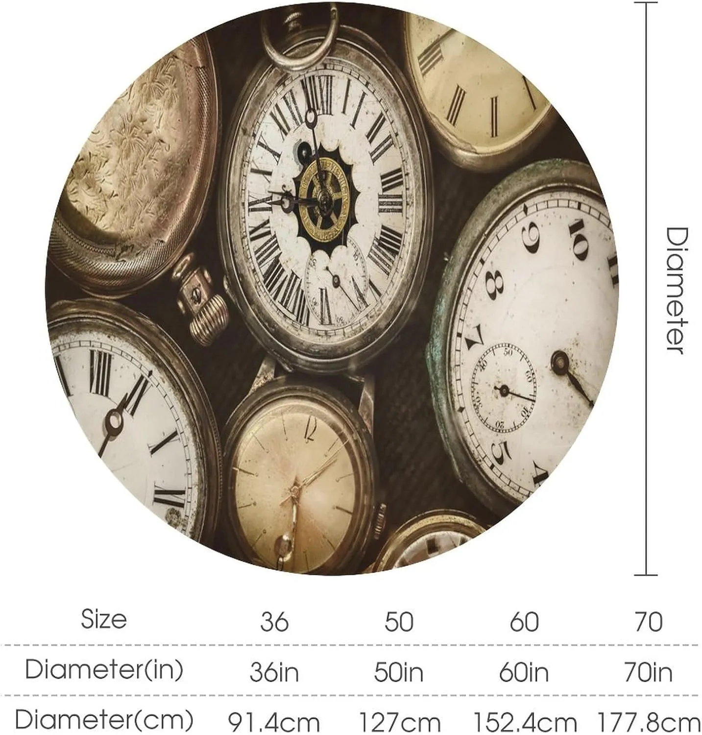 Vintage Pocket Watch Old Clock Tablecloths Round 70Inch for Round Tables,Rustic Old Steampunk Clock Print Tablecloths for Kitchen Dining Room Round Table Cloth