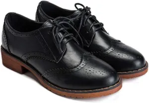 VOKLIN Women's Classic Flat Saddle Oxford Shoes Lace Up Wingtip Perforated Low Heels Vintage School Brogues