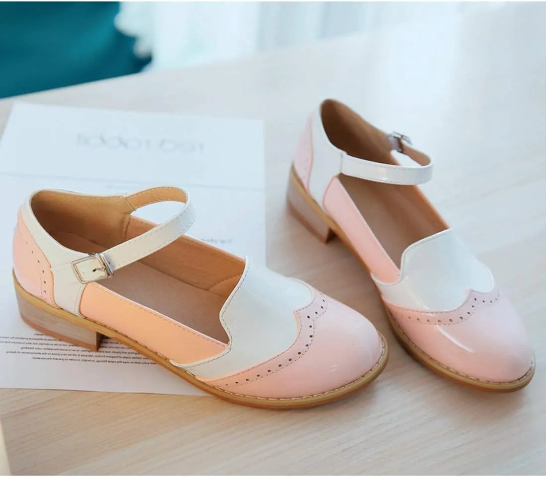 VOKLIN Women's Two Tone Flat Mary Jane Oxford Shoes Wingtip Buckle Low Heel Vintage Saddle Oxfords Brogues