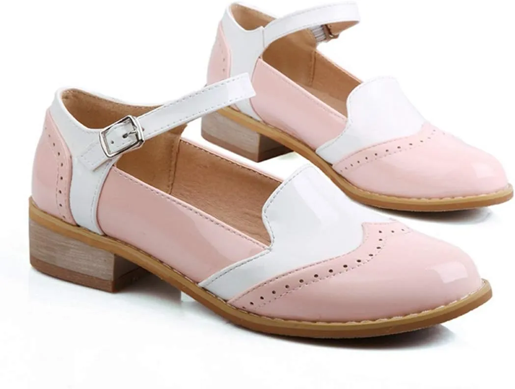 VOKLIN Women's Two Tone Flat Mary Jane Oxford Shoes Wingtip Buckle Low Heel Vintage Saddle Oxfords Brogues