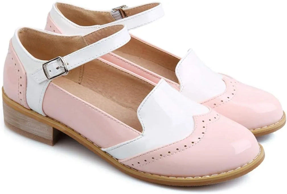 VOKLIN Women's Two Tone Flat Mary Jane Oxford Shoes Wingtip Buckle Low Heel Vintage Saddle Oxfords Brogues