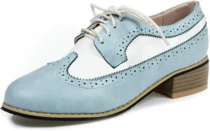 VOKLIN Women's Two Tone Flat Saddle Oxfords Shoes Wingtip Perforated Lace Up Low Heel Vintage Oxford Brogues