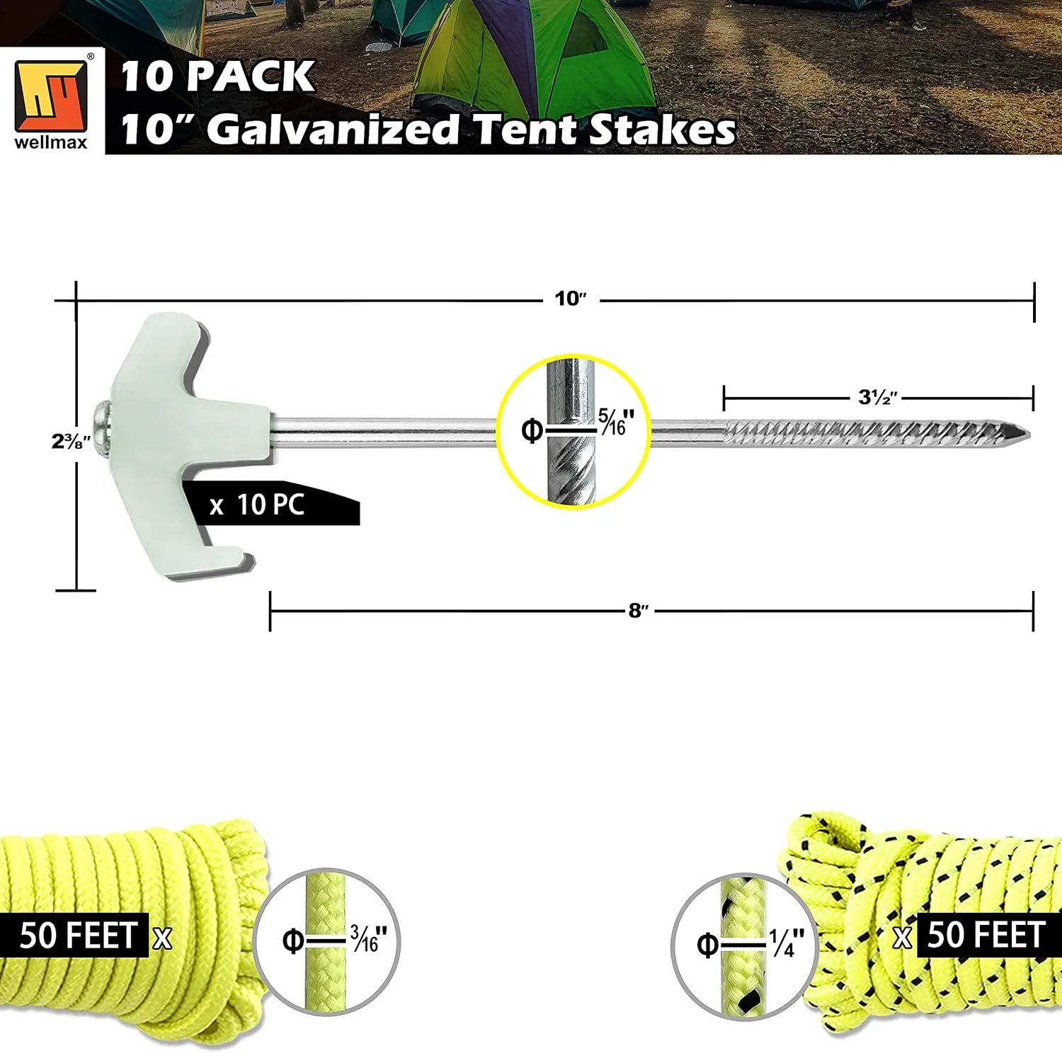 Wellmax 10PC Tent Stakes Heavy Duty with 2 Pack Glow in Dark Polypropylene Rope 3/16" x50ft and 1/4" x50ft