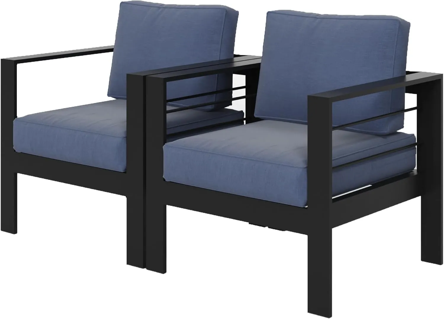 Wisteria Lane 2 Pieces Patio Furniture Aluminum Armchair, All-Weather Outdoor Single Sofa, Black Metal Chair with Blue Cushions