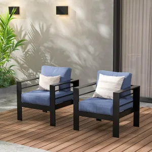 Wisteria Lane 2 Pieces Patio Furniture Aluminum Armchair, All-Weather Outdoor Single Sofa, Black Metal Chair with Blue Cushions