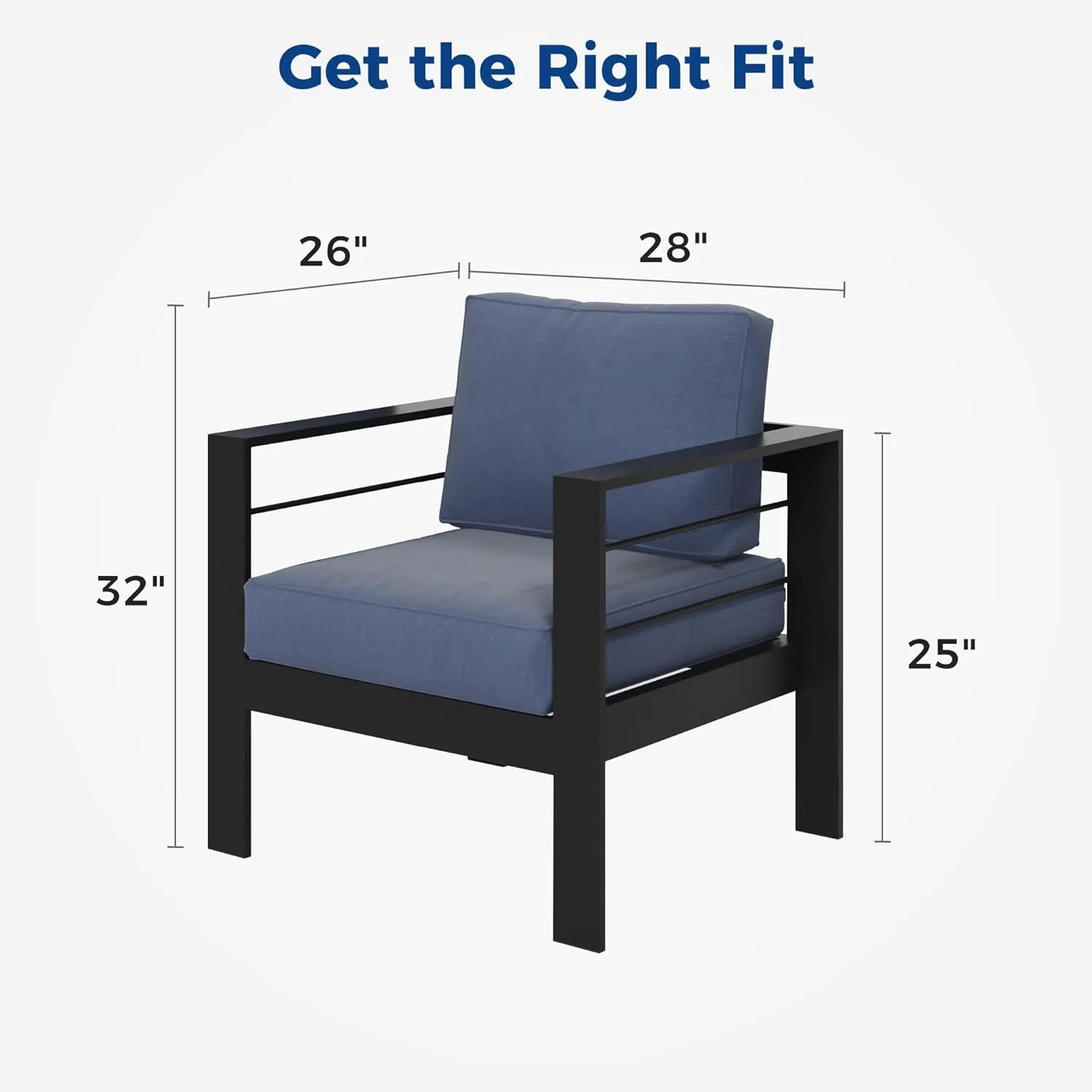 Wisteria Lane 2 Pieces Patio Furniture Aluminum Armchair, All-Weather Outdoor Single Sofa, Black Metal Chair with Blue Cushions