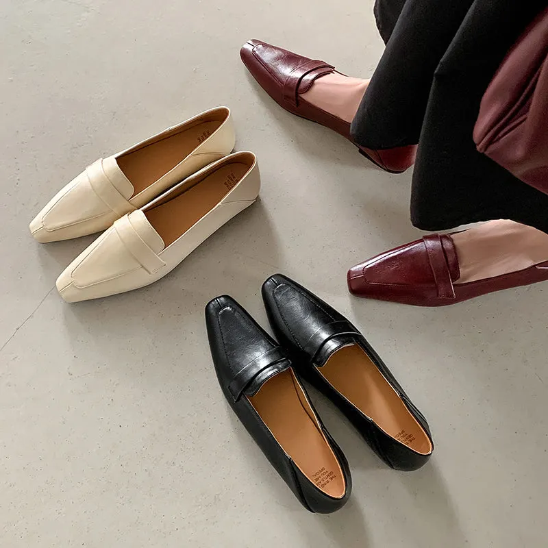 Women Genuine Leather Pointed Toe Retro Slip On Flat Comfortable Loafers