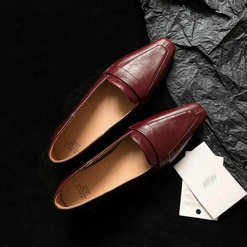 Women Genuine Leather Pointed Toe Retro Slip On Flat Comfortable Loafers