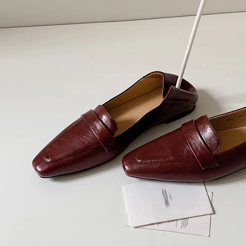 Women Genuine Leather Pointed Toe Retro Slip On Flat Comfortable Loafers