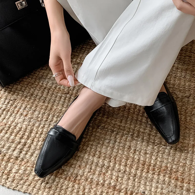 Women Genuine Leather Pointed Toe Retro Slip On Flat Comfortable Loafers