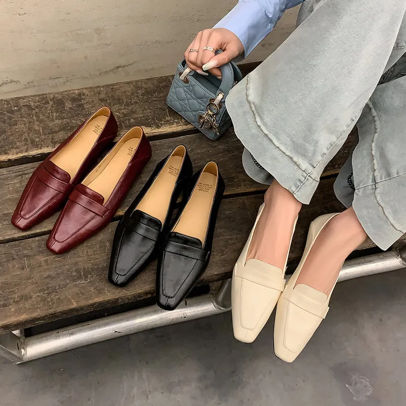 Women Genuine Leather Pointed Toe Retro Slip On Flat Comfortable Loafers
