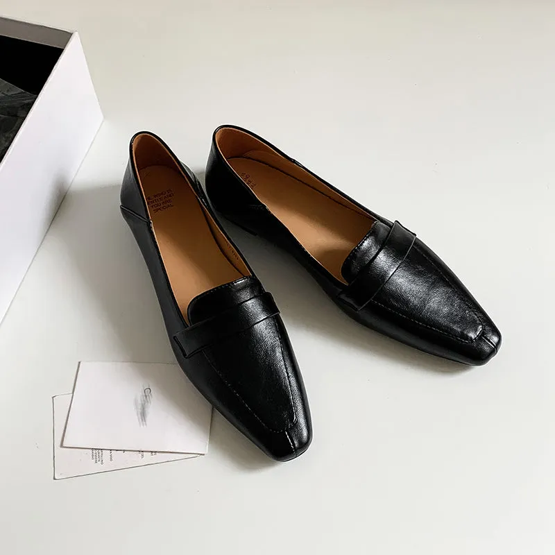 Women Genuine Leather Pointed Toe Retro Slip On Flat Comfortable Loafers