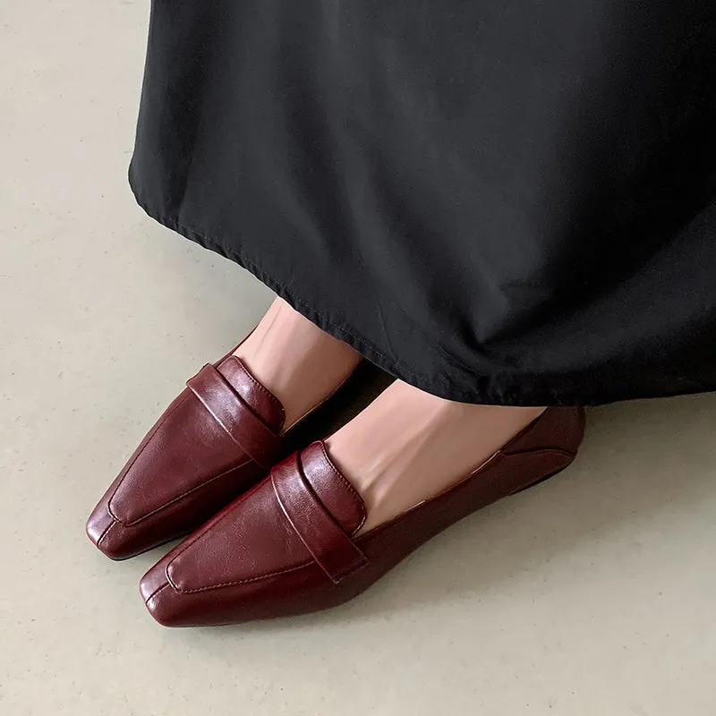 Women Genuine Leather Pointed Toe Retro Slip On Flat Comfortable Loafers