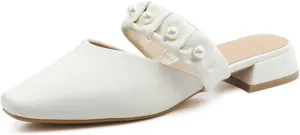 Women Low Heel Mules Sandals Closed Square Toe Pearl Strap Backless Slip on Flat Slide Pumps Shoes