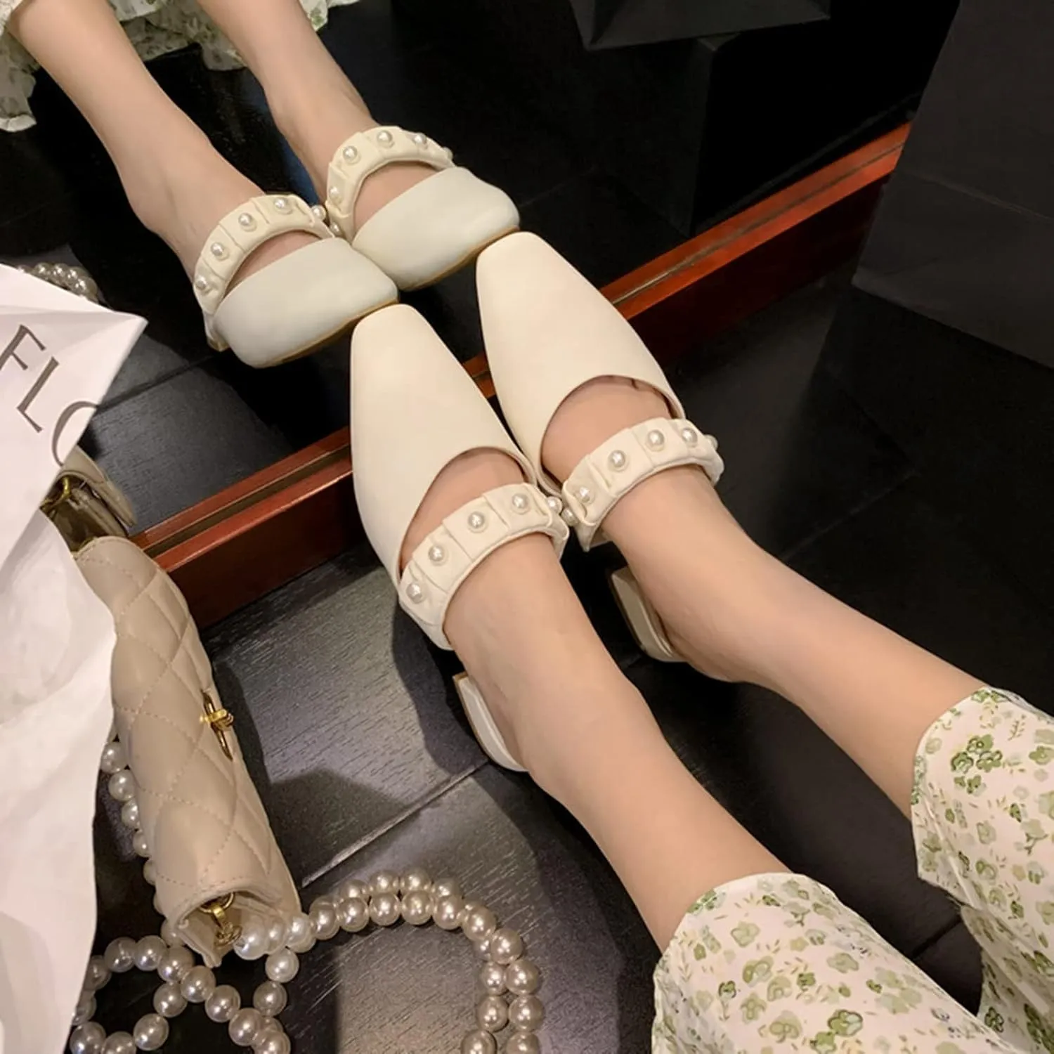 Women Low Heel Mules Sandals Closed Square Toe Pearl Strap Backless Slip on Flat Slide Pumps Shoes