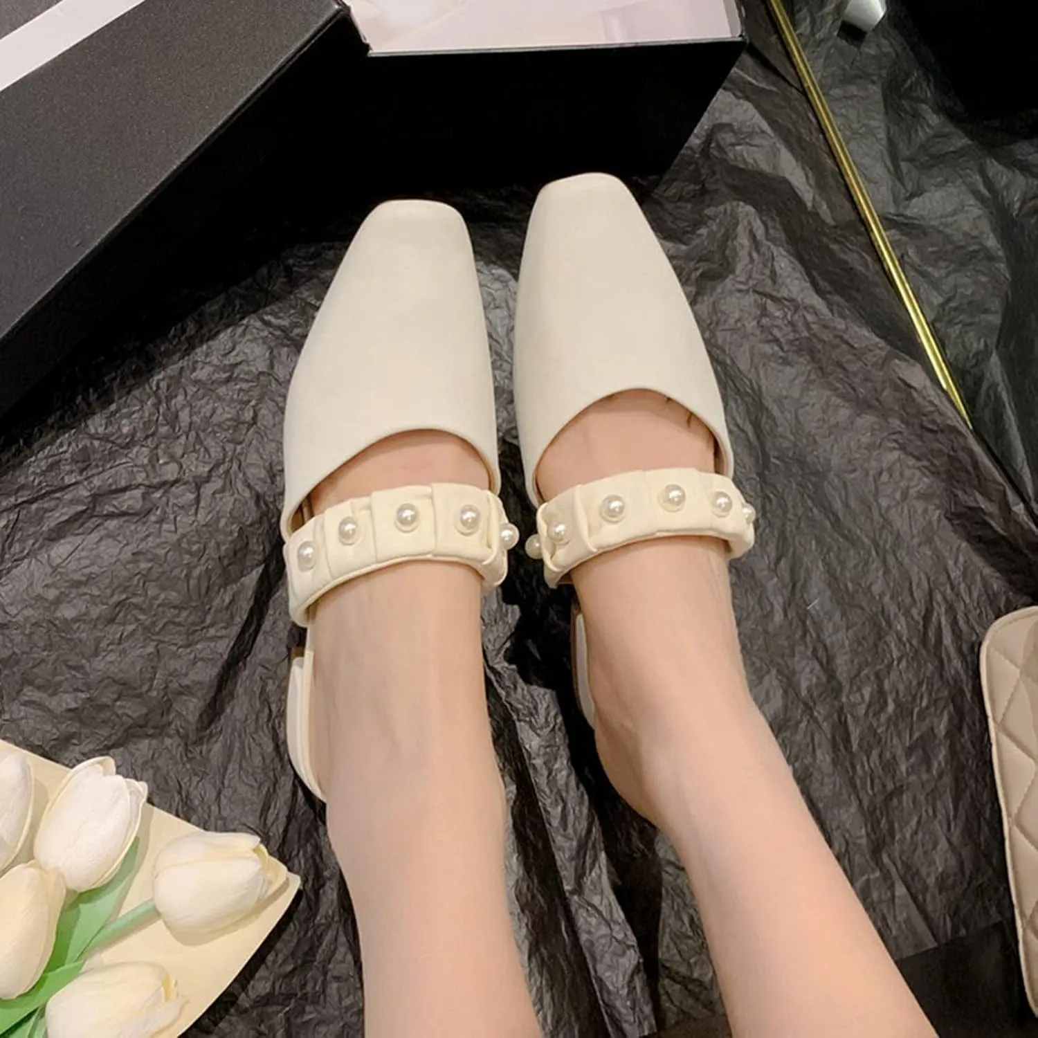 Women Low Heel Mules Sandals Closed Square Toe Pearl Strap Backless Slip on Flat Slide Pumps Shoes