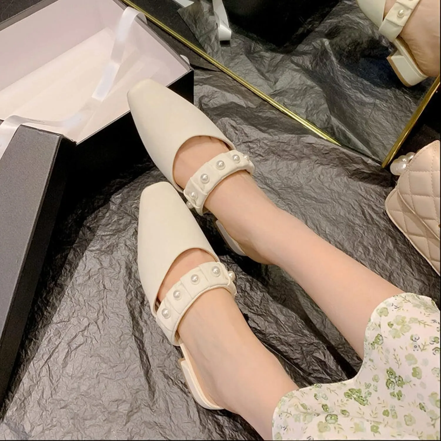 Women Low Heel Mules Sandals Closed Square Toe Pearl Strap Backless Slip on Flat Slide Pumps Shoes
