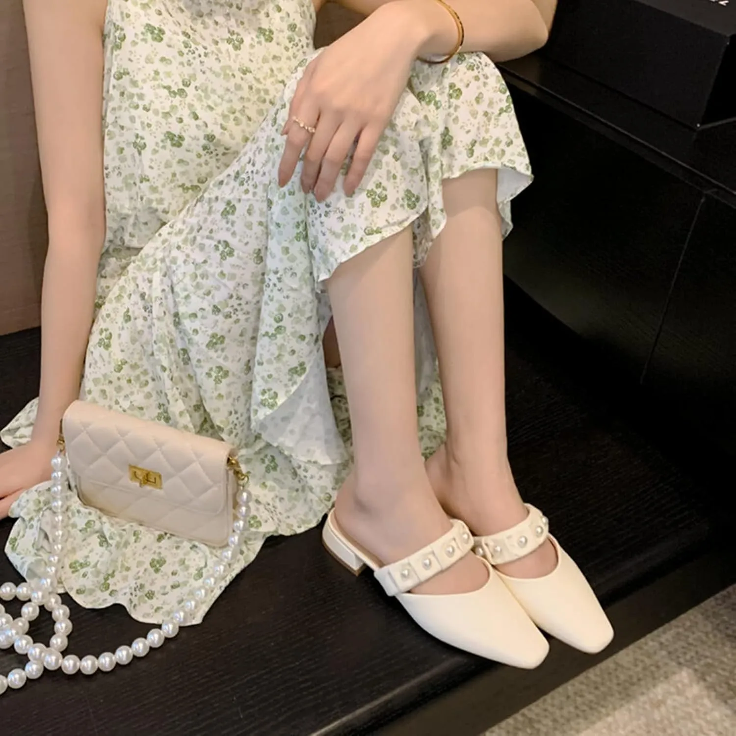 Women Low Heel Mules Sandals Closed Square Toe Pearl Strap Backless Slip on Flat Slide Pumps Shoes