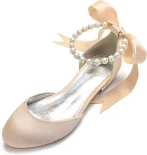 Women Satin Pearls Wedding Flats Shoes for Bride Round Toe Prom Evening Bridal Party Dress Flats