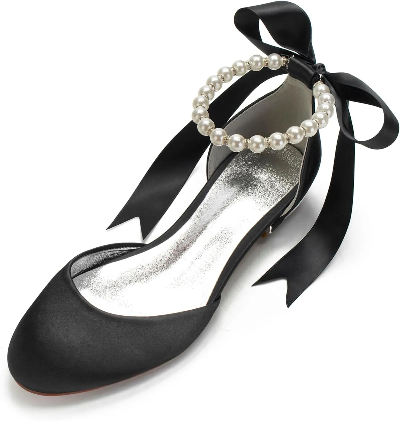 Women Satin Pearls Wedding Flats Shoes for Bride Round Toe Prom Evening Bridal Party Dress Flats