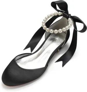 Women Satin Pearls Wedding Flats Shoes for Bride Round Toe Prom Evening Bridal Party Dress Flats