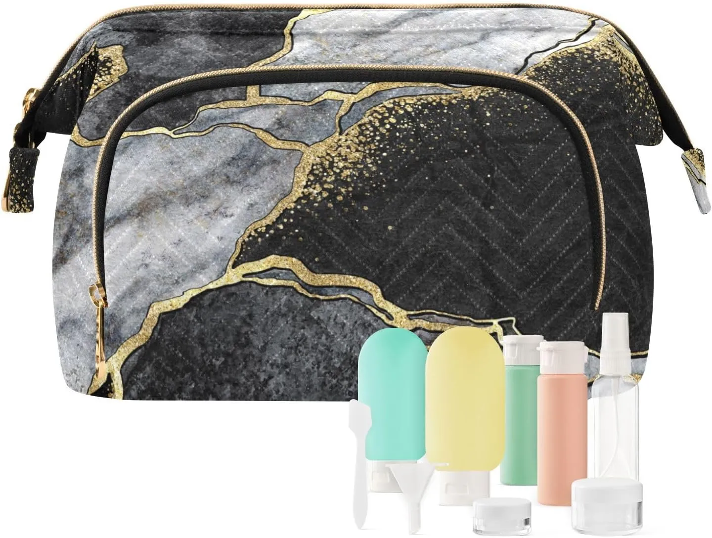 Women Wave Quilt Cosmetic Bag, Storage Pouch Handbag Makeup Case Zipper Toiletry Purse Holder Organizer 10.2x5.9x6.7 in Black and White Marble Stone Marbled Mosaic with Golden Veins