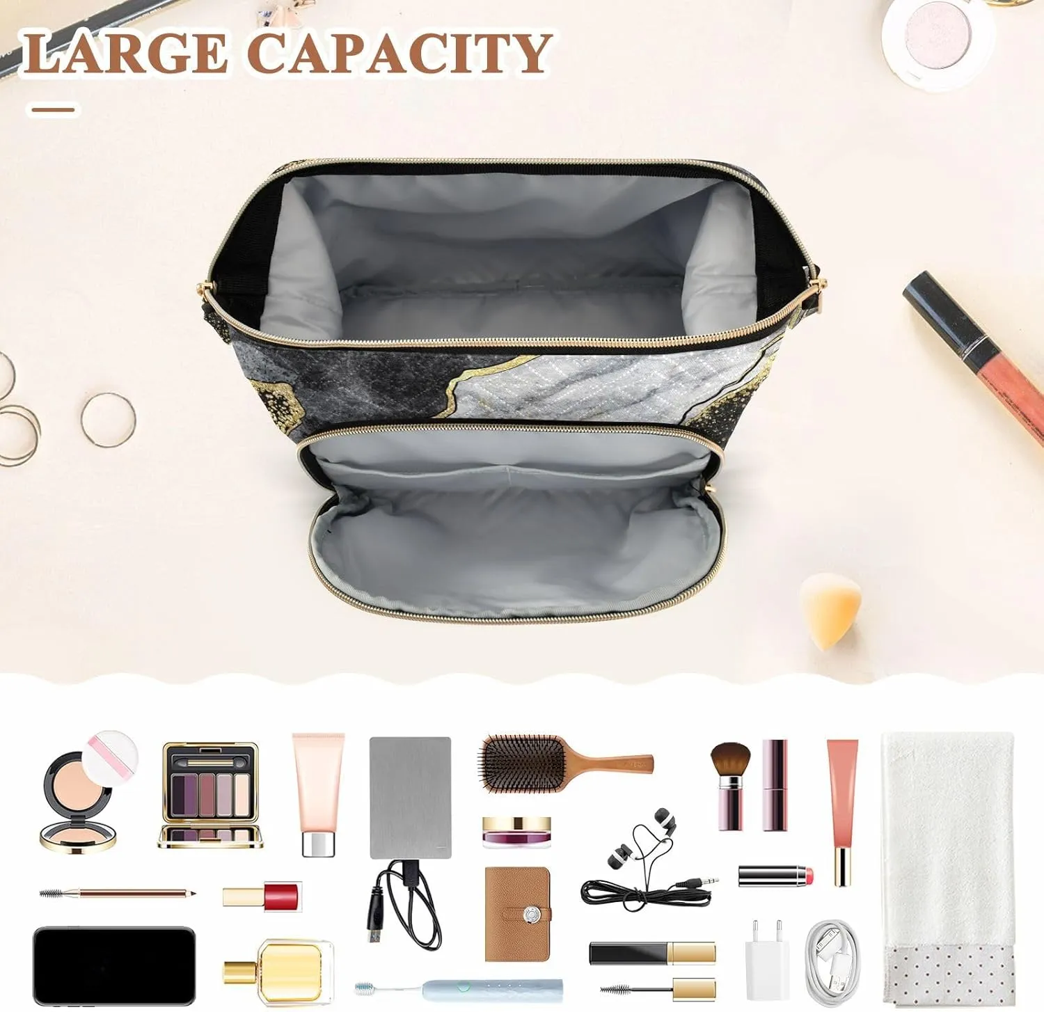 Women Wave Quilt Cosmetic Bag, Storage Pouch Handbag Makeup Case Zipper Toiletry Purse Holder Organizer 10.2x5.9x6.7 in Black and White Marble Stone Marbled Mosaic with Golden Veins