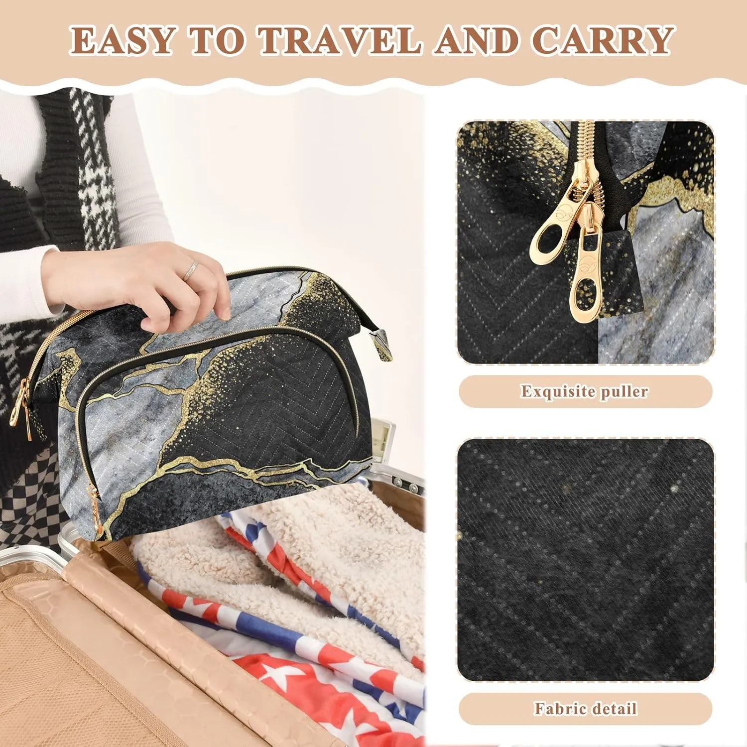 Women Wave Quilt Cosmetic Bag, Storage Pouch Handbag Makeup Case Zipper Toiletry Purse Holder Organizer 10.2x5.9x6.7 in Black and White Marble Stone Marbled Mosaic with Golden Veins