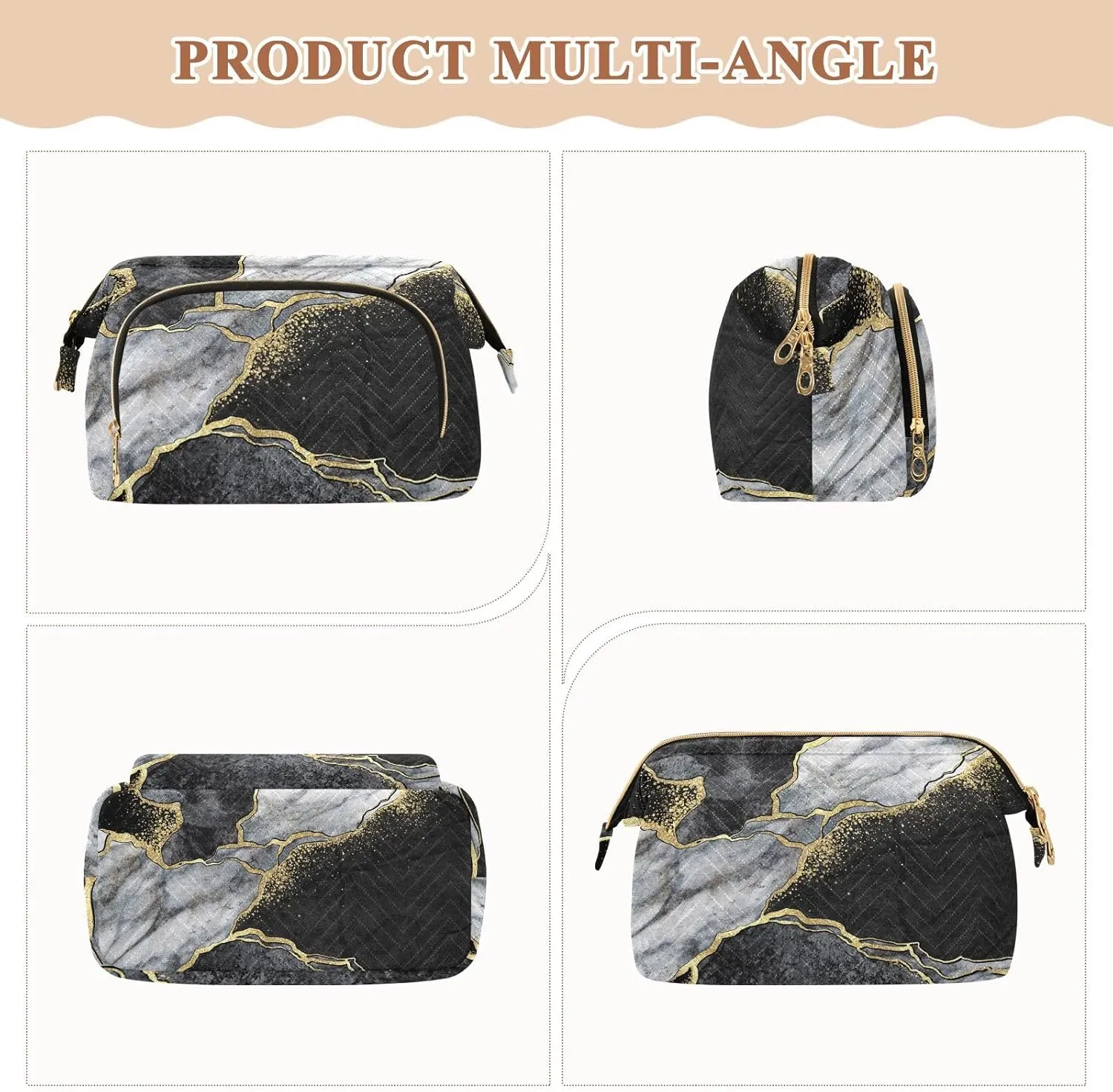 Women Wave Quilt Cosmetic Bag, Storage Pouch Handbag Makeup Case Zipper Toiletry Purse Holder Organizer 10.2x5.9x6.7 in Black and White Marble Stone Marbled Mosaic with Golden Veins