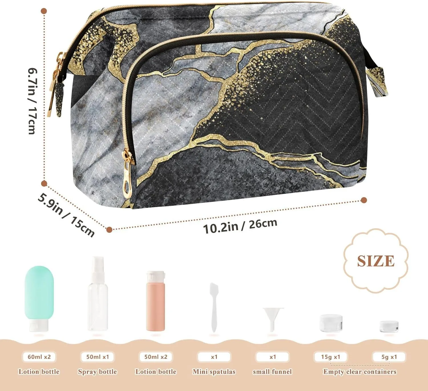 Women Wave Quilt Cosmetic Bag, Storage Pouch Handbag Makeup Case Zipper Toiletry Purse Holder Organizer 10.2x5.9x6.7 in Black and White Marble Stone Marbled Mosaic with Golden Veins
