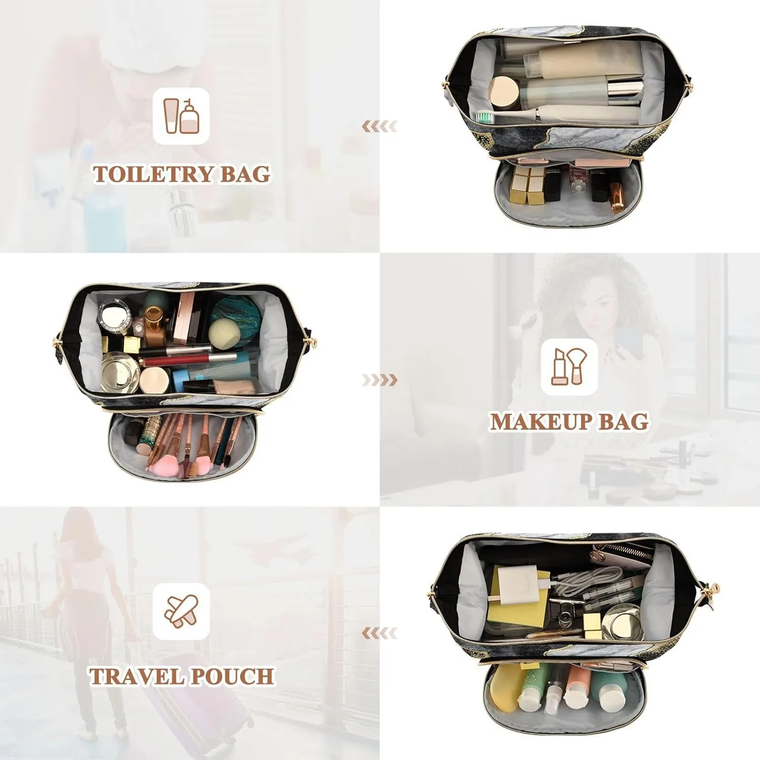 Women Wave Quilt Cosmetic Bag, Storage Pouch Handbag Makeup Case Zipper Toiletry Purse Holder Organizer 10.2x5.9x6.7 in Black and White Marble Stone Marbled Mosaic with Golden Veins