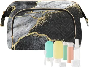 Women Wave Quilt Cosmetic Bag, Storage Pouch Handbag Makeup Case Zipper Toiletry Purse Holder Organizer 10.2x5.9x6.7 in Black and White Marble Stone Marbled Mosaic with Golden Veins