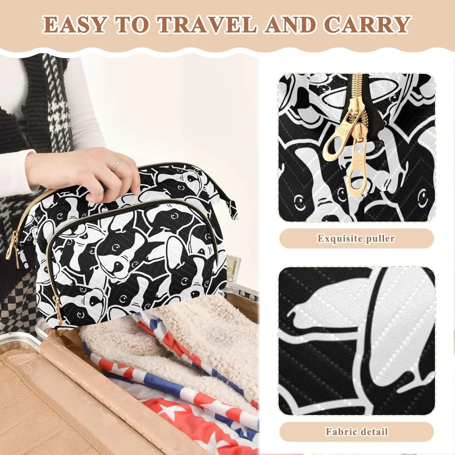 Women Wave Quilt Cosmetic Bag, Storage Pouch Handbag Makeup Case Zipper Toiletry Purse Holder Organizer 10.2x5.9x6.7 in Seamless Black White Doodle Dog Head French Bulldog Puppy Face