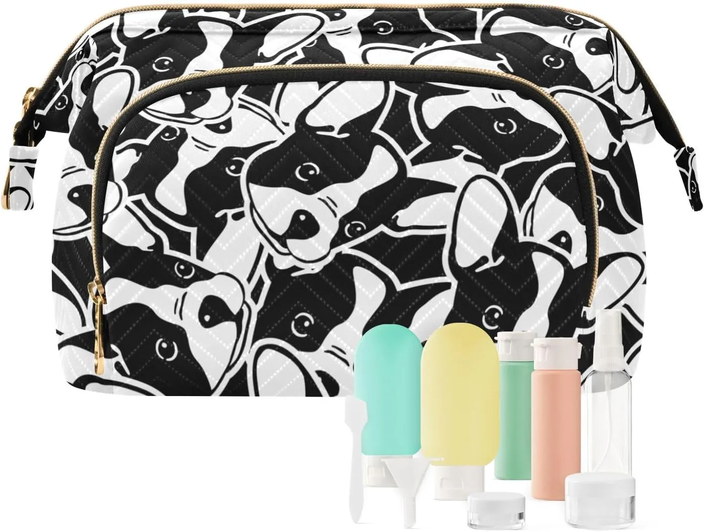 Women Wave Quilt Cosmetic Bag, Storage Pouch Handbag Makeup Case Zipper Toiletry Purse Holder Organizer 10.2x5.9x6.7 in Seamless Black White Doodle Dog Head French Bulldog Puppy Face