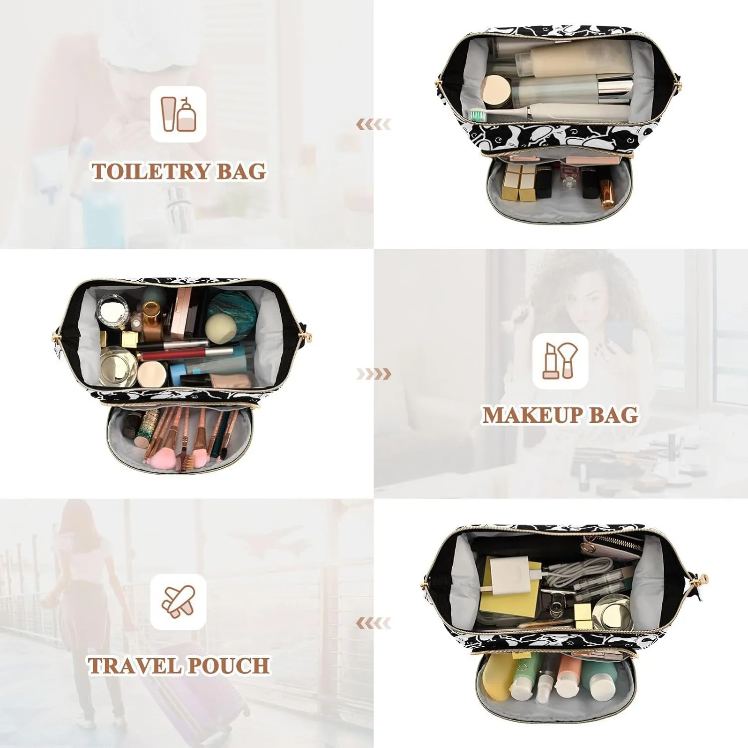 Women Wave Quilt Cosmetic Bag, Storage Pouch Handbag Makeup Case Zipper Toiletry Purse Holder Organizer 10.2x5.9x6.7 in Seamless Black White Doodle Dog Head French Bulldog Puppy Face