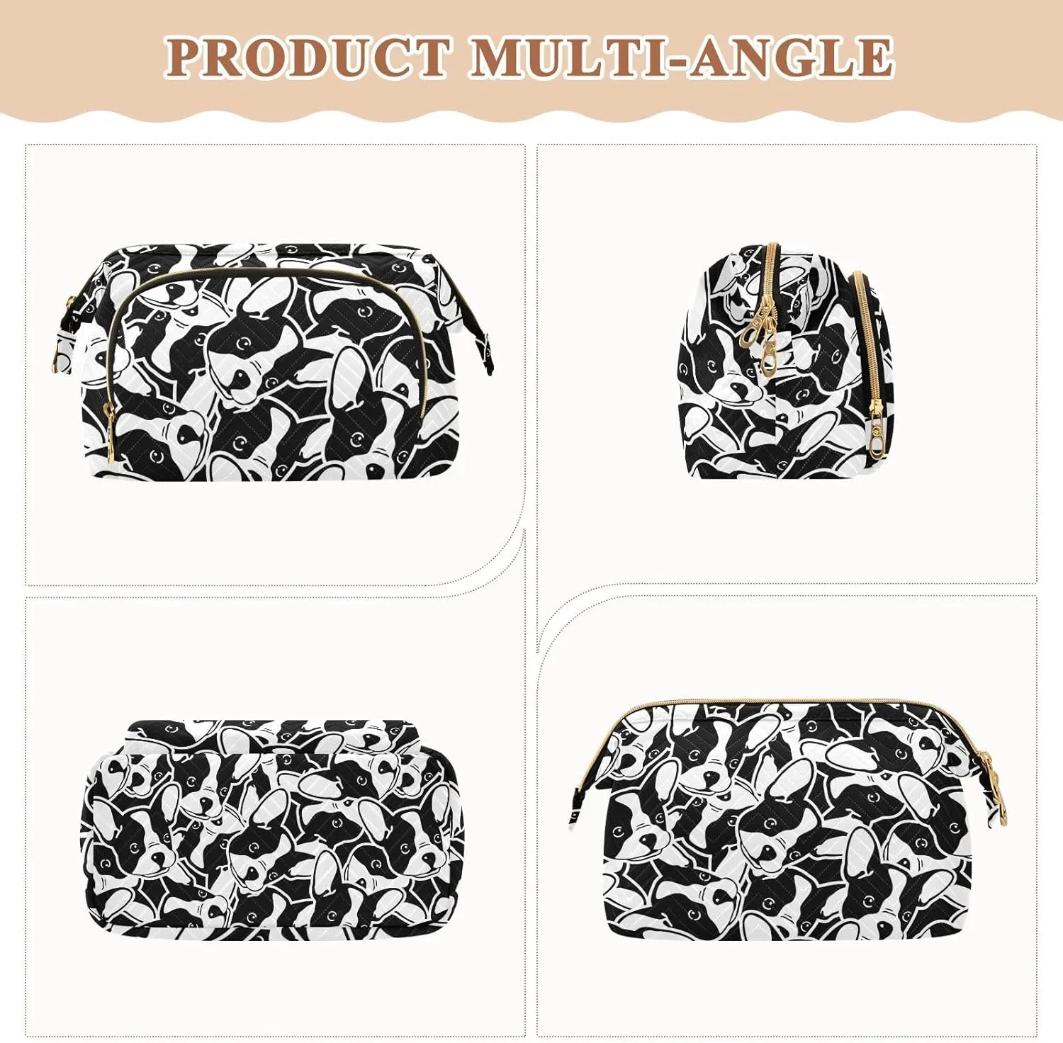 Women Wave Quilt Cosmetic Bag, Storage Pouch Handbag Makeup Case Zipper Toiletry Purse Holder Organizer 10.2x5.9x6.7 in Seamless Black White Doodle Dog Head French Bulldog Puppy Face