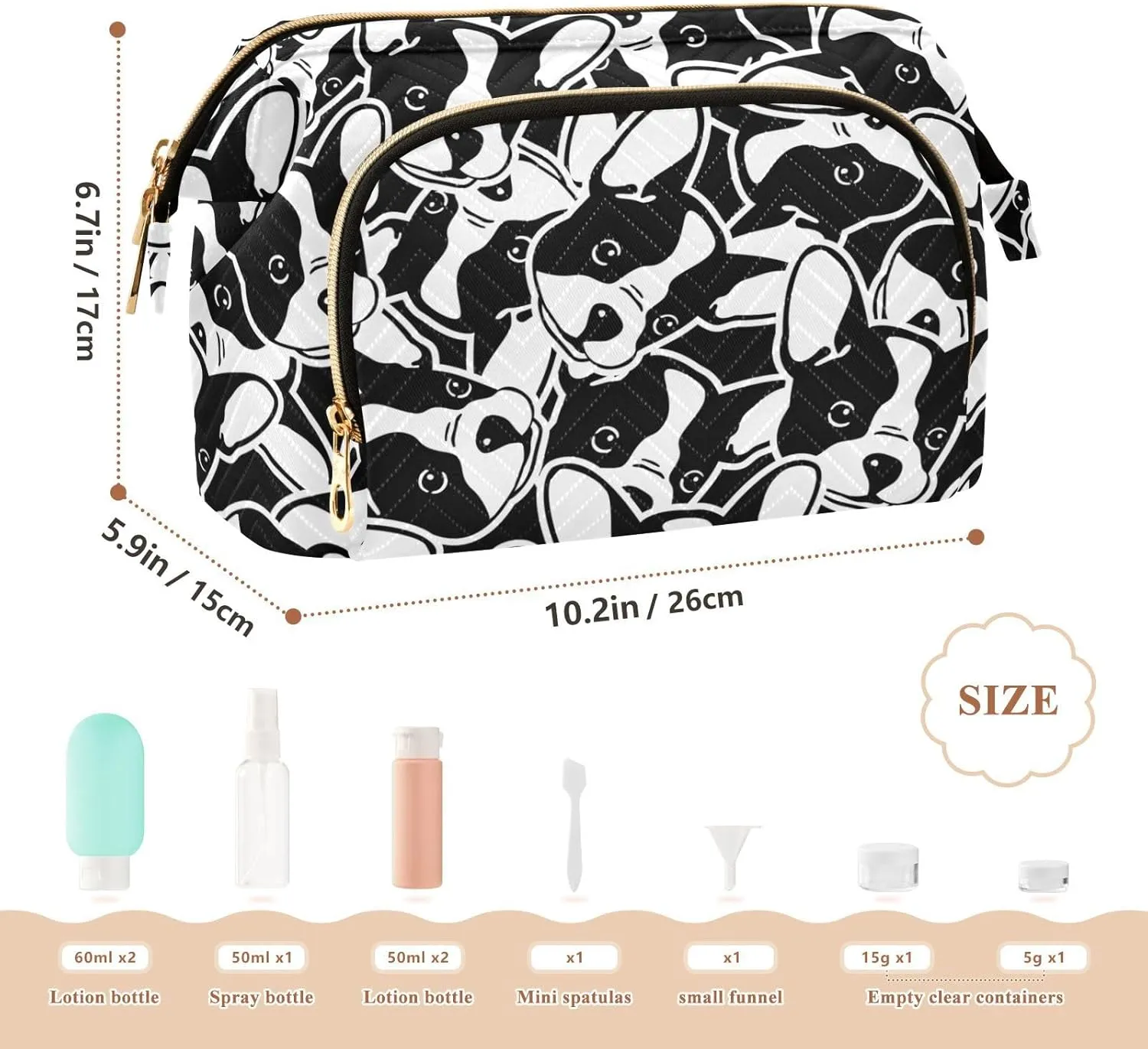 Women Wave Quilt Cosmetic Bag, Storage Pouch Handbag Makeup Case Zipper Toiletry Purse Holder Organizer 10.2x5.9x6.7 in Seamless Black White Doodle Dog Head French Bulldog Puppy Face