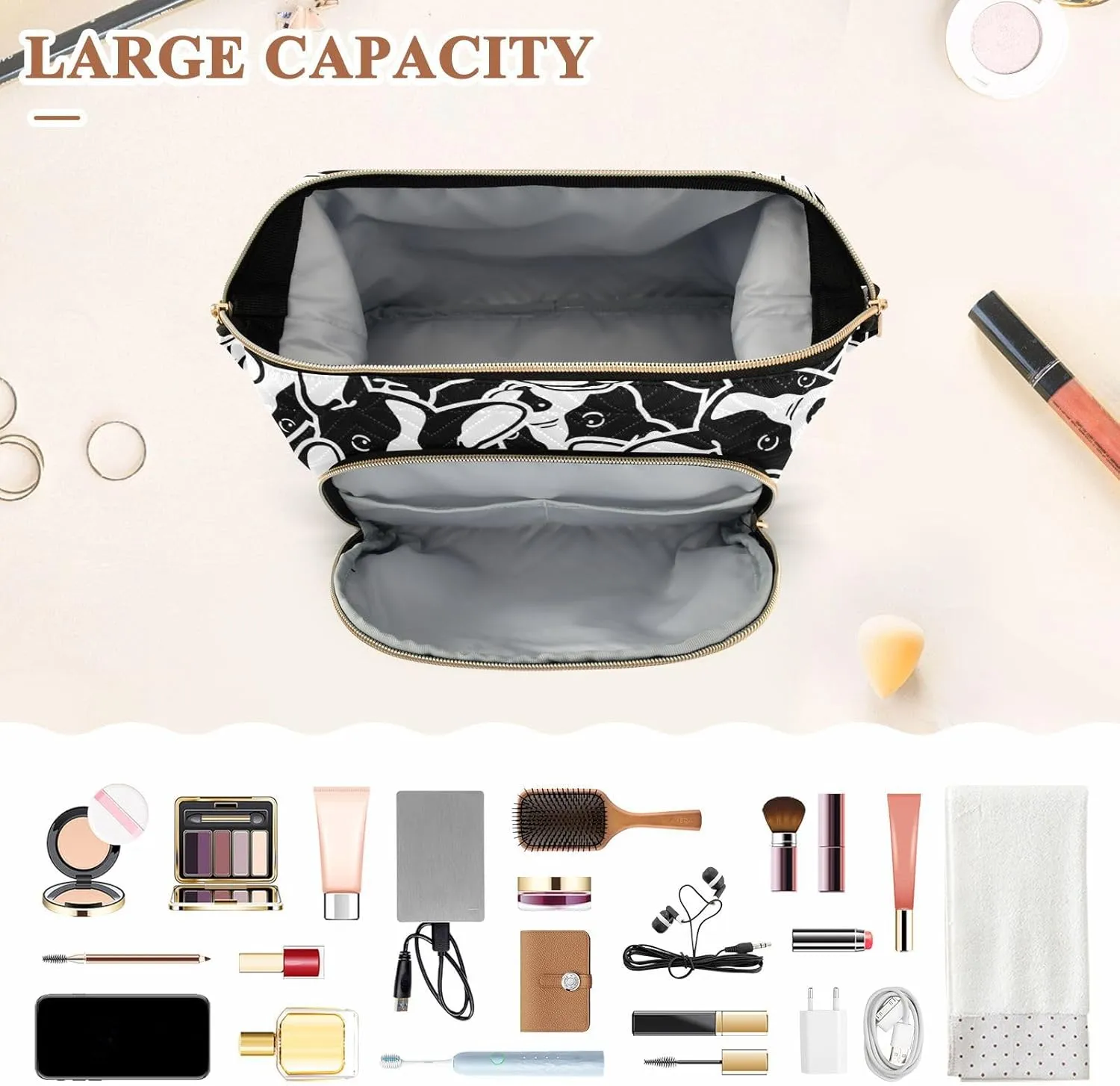 Women Wave Quilt Cosmetic Bag, Storage Pouch Handbag Makeup Case Zipper Toiletry Purse Holder Organizer 10.2x5.9x6.7 in Seamless Black White Doodle Dog Head French Bulldog Puppy Face