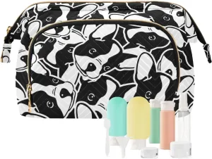 Women Wave Quilt Cosmetic Bag, Storage Pouch Handbag Makeup Case Zipper Toiletry Purse Holder Organizer 10.2x5.9x6.7 in Seamless Black White Doodle Dog Head French Bulldog Puppy Face