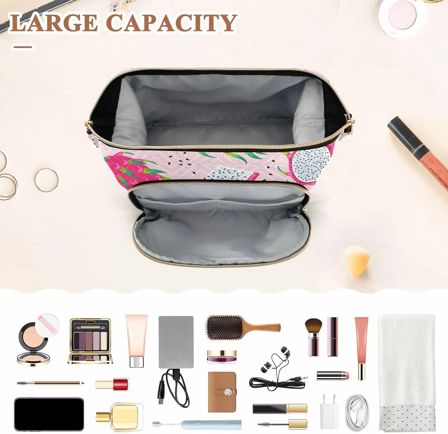 Women Wave Quilt Cosmetic Bag, Storage Pouch Handbag Makeup Case Zipper Toiletry Purse Holder Organizer 10.2x5.9x6.7 in Seamless White Purple Green Dragon Fruits Slices on Pink