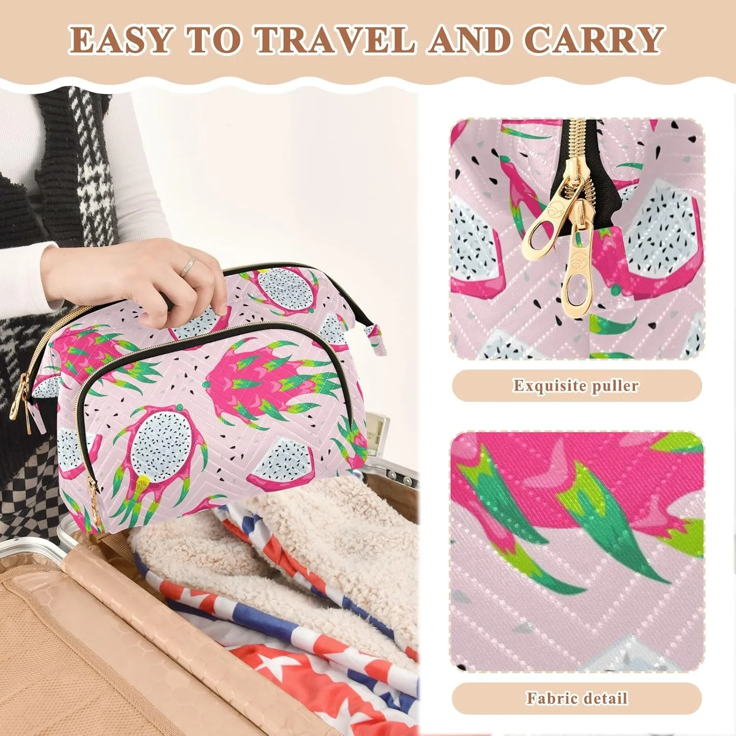 Women Wave Quilt Cosmetic Bag, Storage Pouch Handbag Makeup Case Zipper Toiletry Purse Holder Organizer 10.2x5.9x6.7 in Seamless White Purple Green Dragon Fruits Slices on Pink