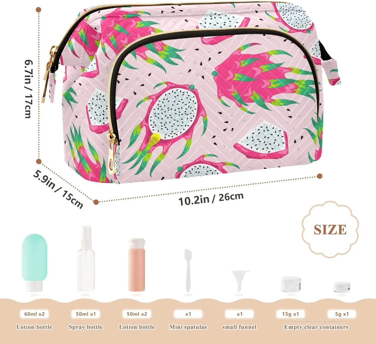 Women Wave Quilt Cosmetic Bag, Storage Pouch Handbag Makeup Case Zipper Toiletry Purse Holder Organizer 10.2x5.9x6.7 in Seamless White Purple Green Dragon Fruits Slices on Pink
